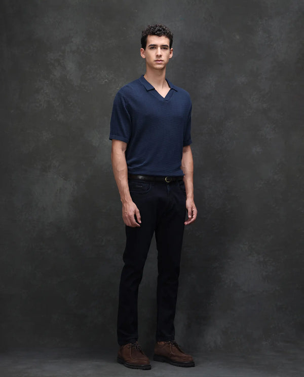 Rare Rabbit Men's Calin Dark Navy Cotton Blend Fabric Shank And Zip Closure Hawk Slim Fit Plain Jeans