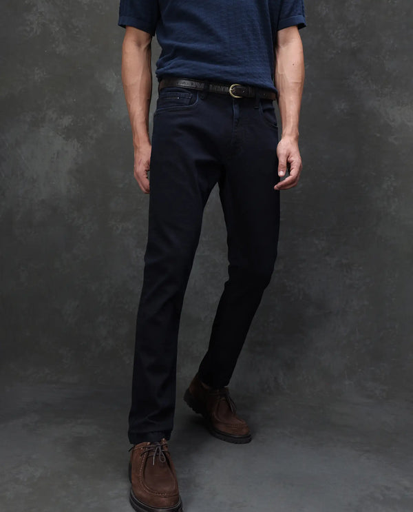 Rare Rabbit Men's Calin Dark Navy Cotton Blend Fabric Shank And Zip Closure Hawk Slim Fit Plain Jeans