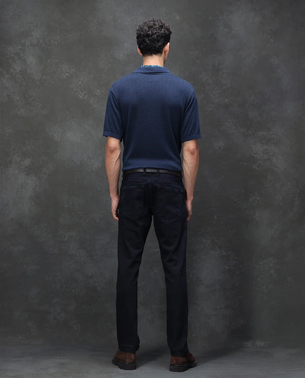 Rare Rabbit Men's Calin Dark Navy Cotton Blend Fabric Shank And Zip Closure Hawk Slim Fit Plain Jeans