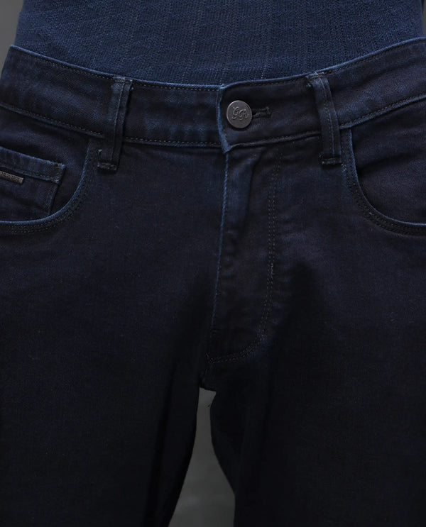Rare Rabbit Men's Calin Dark Navy Cotton Blend Fabric Shank And Zip Closure Hawk Slim Fit Plain Jeans