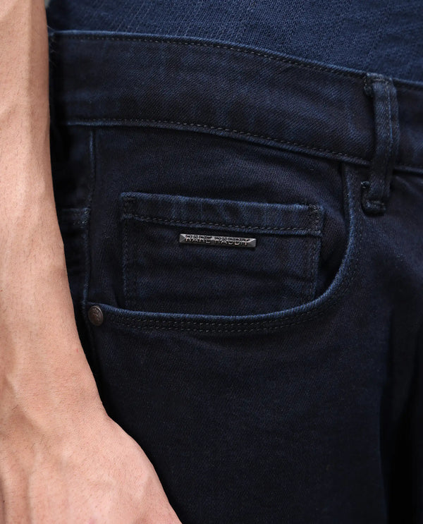 Rare Rabbit Men's Calin Dark Navy Cotton Blend Fabric Shank And Zip Closure Hawk Slim Fit Plain Jeans