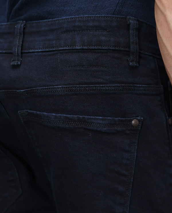 Rare Rabbit Men's Calin Dark Navy Cotton Blend Fabric Shank And Zip Closure Hawk Slim Fit Plain Jeans