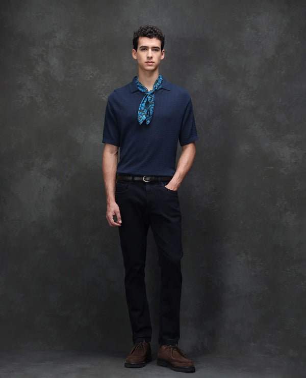 Rare Rabbit Men's Calin Dark Navy Cotton Blend Fabric Shank And Zip Closure Hawk Slim Fit Plain Jeans
