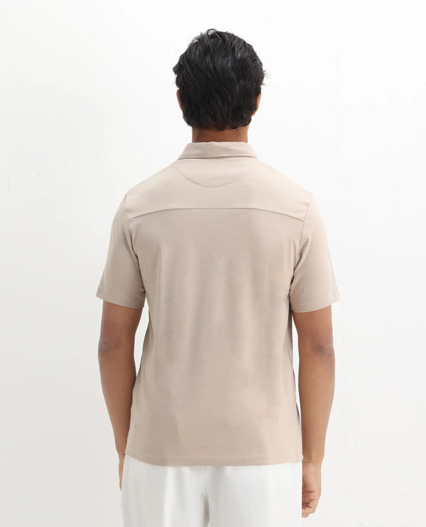 Rare Rabbit Men Calix Beige Short Sleeve Collared Neck Plain Embroidered Logo Polo