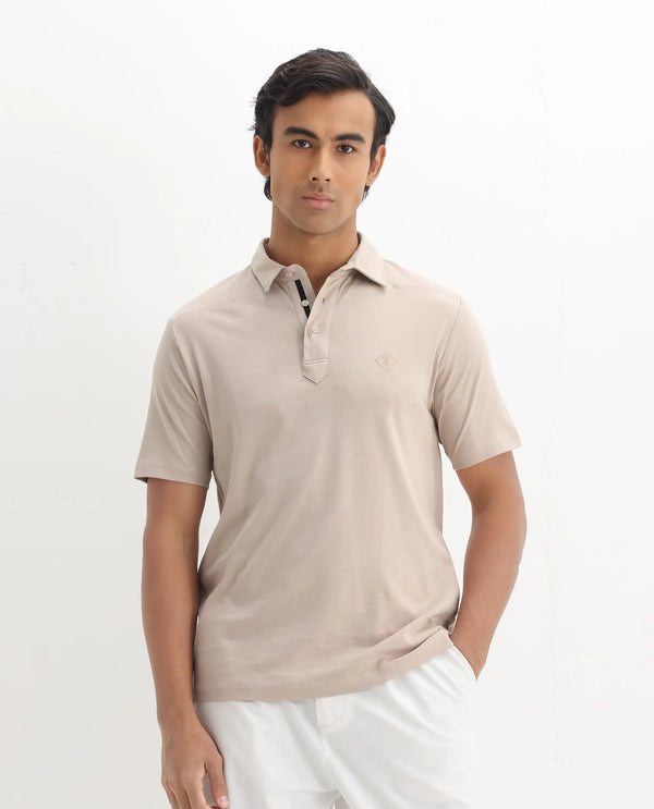 Rare Rabbit Men Calix Beige Short Sleeve Collared Neck Plain Embroidered Logo Polo