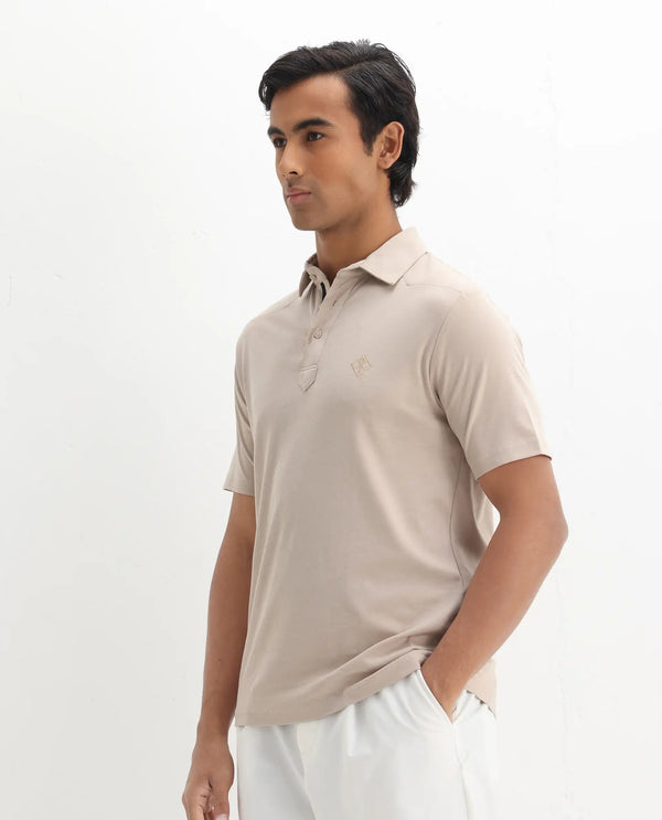 Rare Rabbit Men Calix Beige Short Sleeve Collared Neck Plain Embroidered Logo Polo