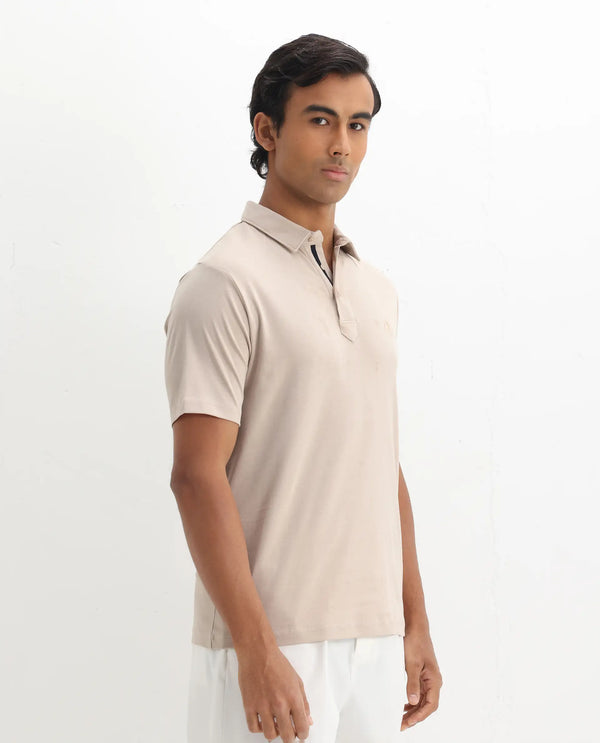 Rare Rabbit Men Calix Beige Short Sleeve Collared Neck Plain Embroidered Logo Polo