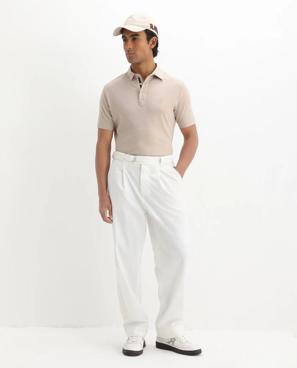 Rare Rabbit Men Calix Beige Short Sleeve Collared Neck Plain Embroidered Logo Polo