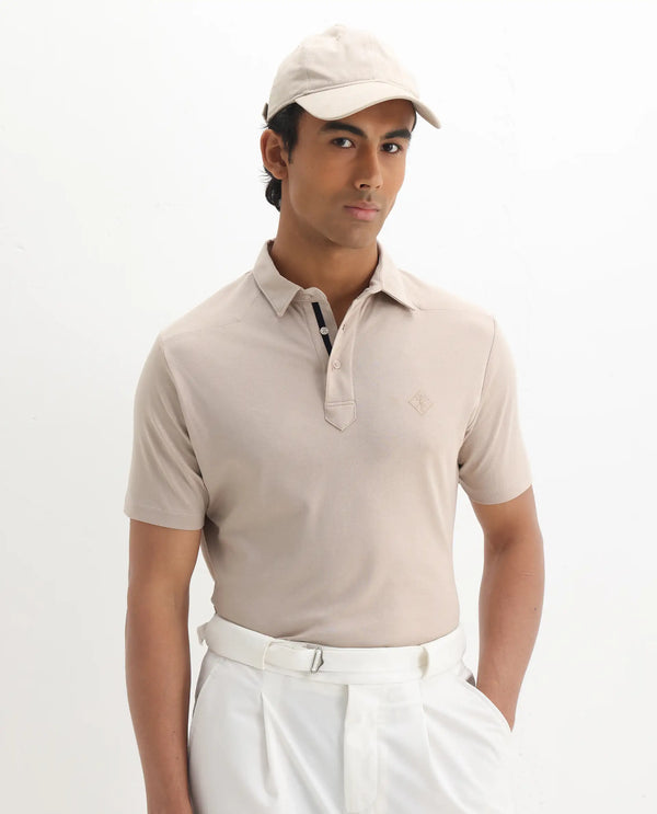 Rare Rabbit Men Calix Beige Short Sleeve Collared Neck Plain Embroidered Logo Polo