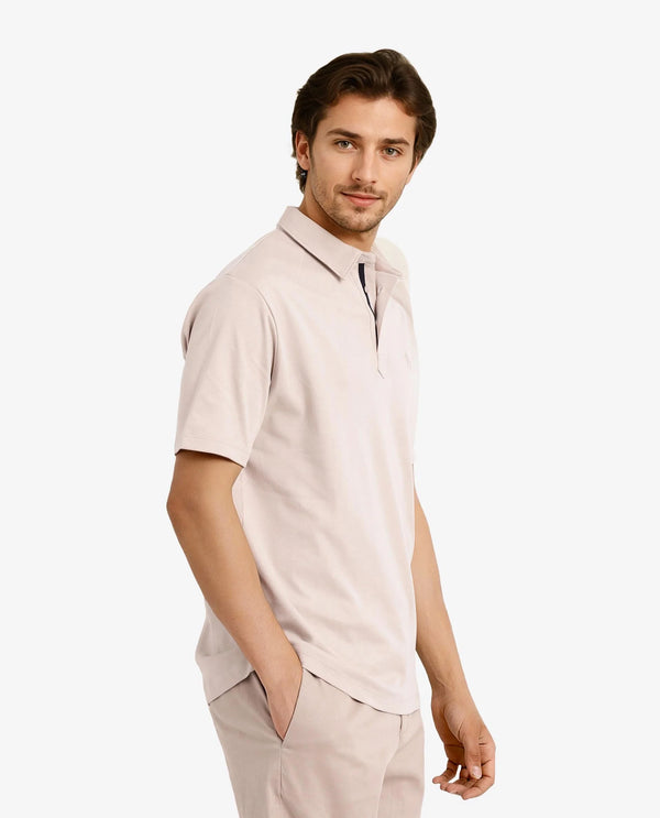 Rare Rabbit Men Calix Beige Short Sleeve Collared Neck Plain Embroidered Logo Polo