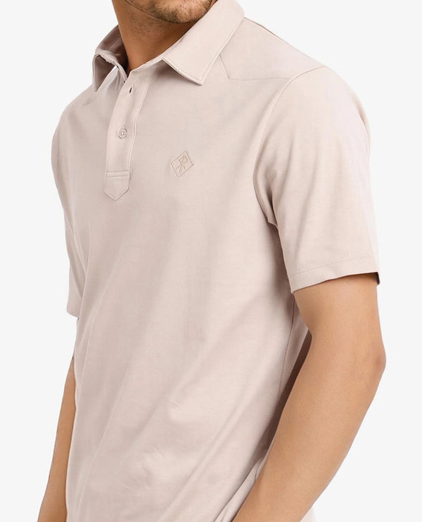 Rare Rabbit Men Calix Beige Short Sleeve Collared Neck Plain Embroidered Logo Polo