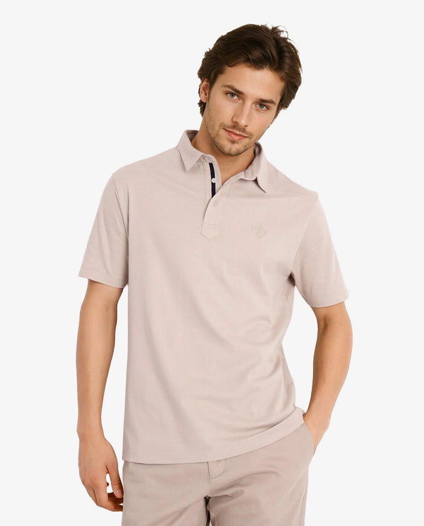 Rare Rabbit Men Calix Beige Short Sleeve Collared Neck Plain Embroidered Logo Polo