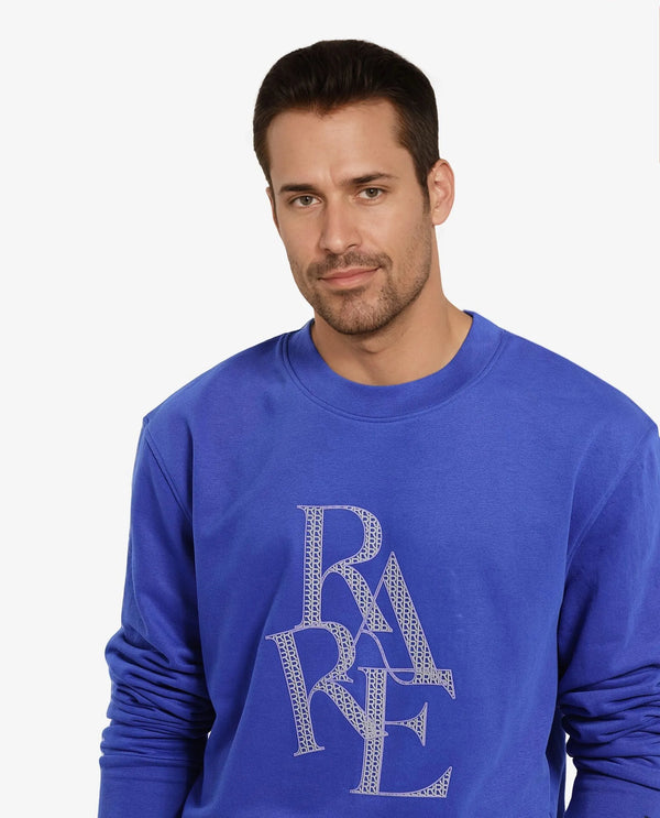 Rare Rabbit Men's Calixer Blue Cotton Blend Fabric Full Sleeve Crew Neck HD Print Branding Sweatshirt