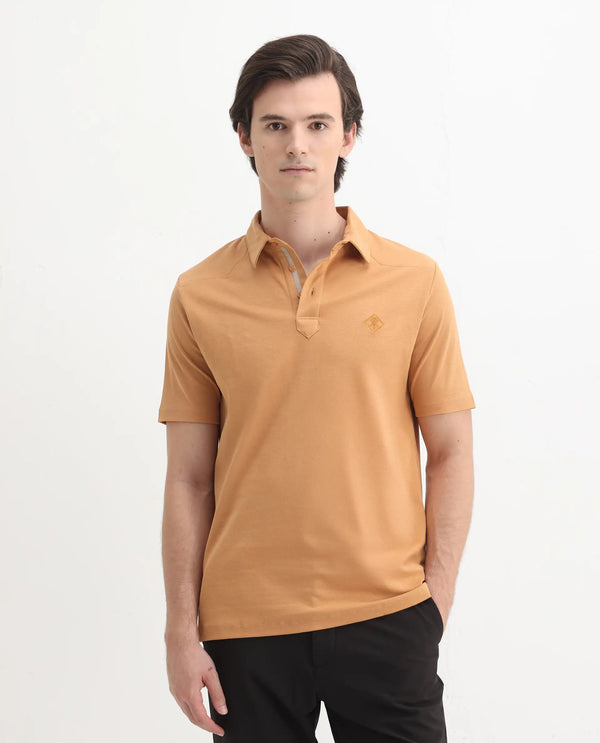 Rare Rabbit Men Calix Mustard Short Sleeve Collared Neck Plain Embroidered Logo Polo