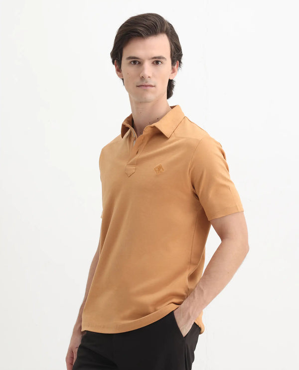 Rare Rabbit Men Calix Mustard Short Sleeve Collared Neck Plain Embroidered Logo Polo