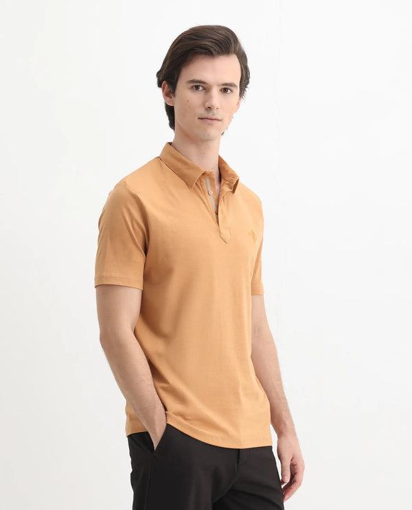 Rare Rabbit Men Calix Mustard Short Sleeve Collared Neck Plain Embroidered Logo Polo