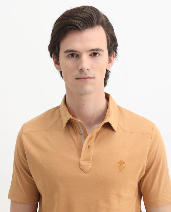 Rare Rabbit Men Calix Mustard Short Sleeve Collared Neck Plain Embroidered Logo Polo