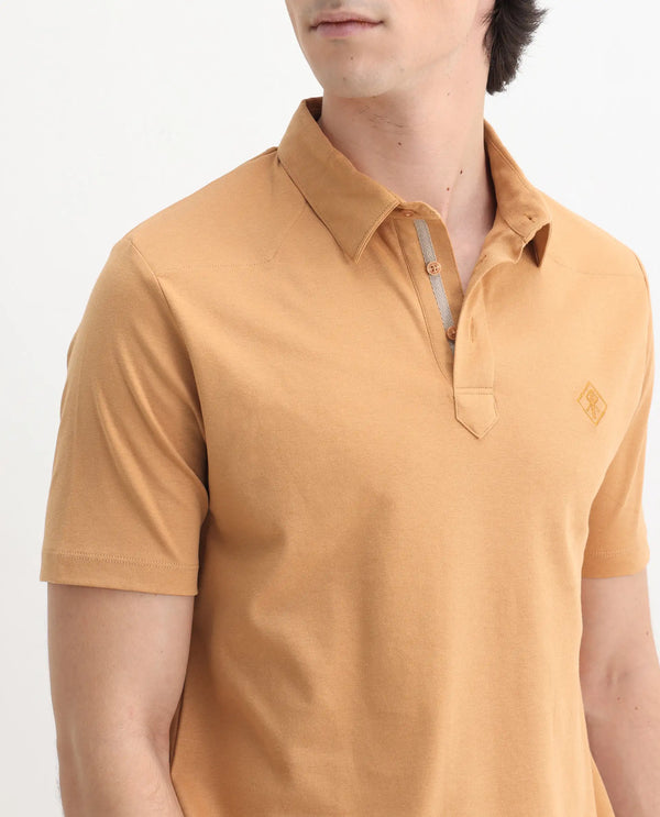 Rare Rabbit Men Calix Mustard Short Sleeve Collared Neck Plain Embroidered Logo Polo