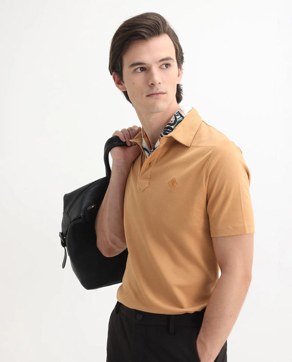 Rare Rabbit Men Calix Mustard Short Sleeve Collared Neck Plain Embroidered Logo Polo