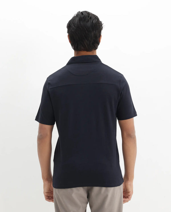 Rare Rabbit Men Calix Navy Short Sleeve Collared Neck Plain Embroidered Logo Polo