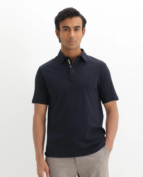 Rare Rabbit Men Calix Navy Short Sleeve Collared Neck Plain Embroidered Logo Polo