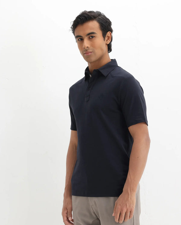 Rare Rabbit Men Calix Navy Short Sleeve Collared Neck Plain Embroidered Logo Polo