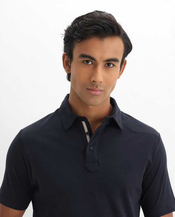 Rare Rabbit Men Calix Navy Short Sleeve Collared Neck Plain Embroidered Logo Polo