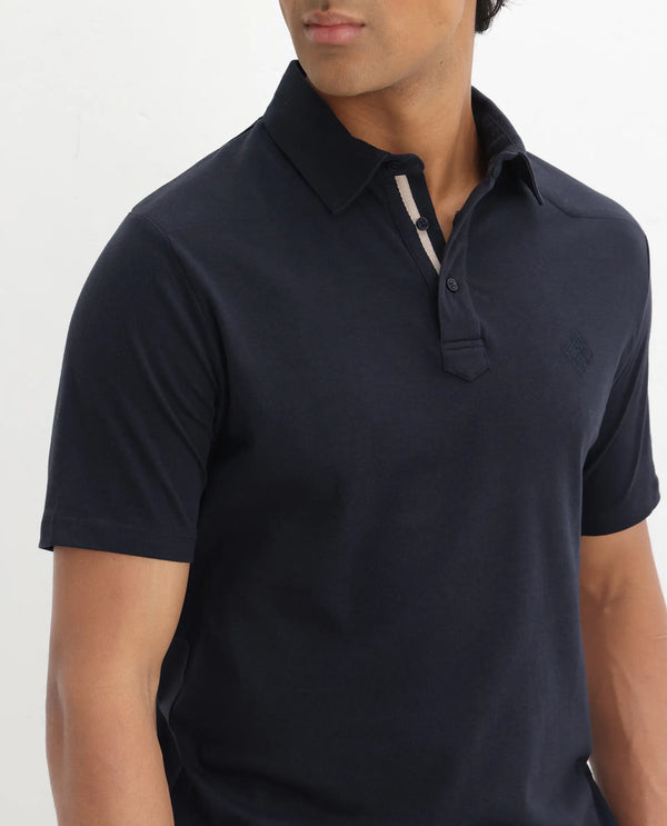Rare Rabbit Men Calix Navy Short Sleeve Collared Neck Plain Embroidered Logo Polo
