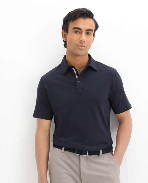 Rare Rabbit Men Calix Navy Short Sleeve Collared Neck Plain Embroidered Logo Polo
