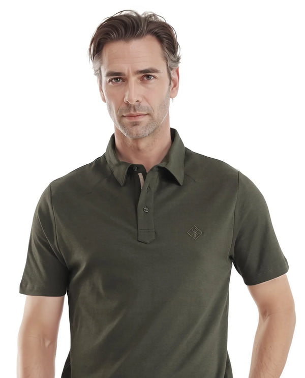 Rare Rabbit Men Calix Olive Short Sleeve Collared Neck Plain Embroidered Logo Polo