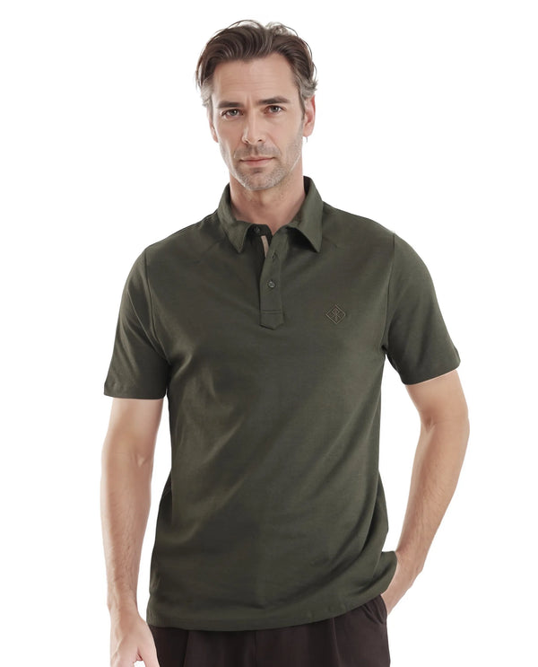 Rare Rabbit Men Calix Olive Short Sleeve Collared Neck Plain Embroidered Logo Polo