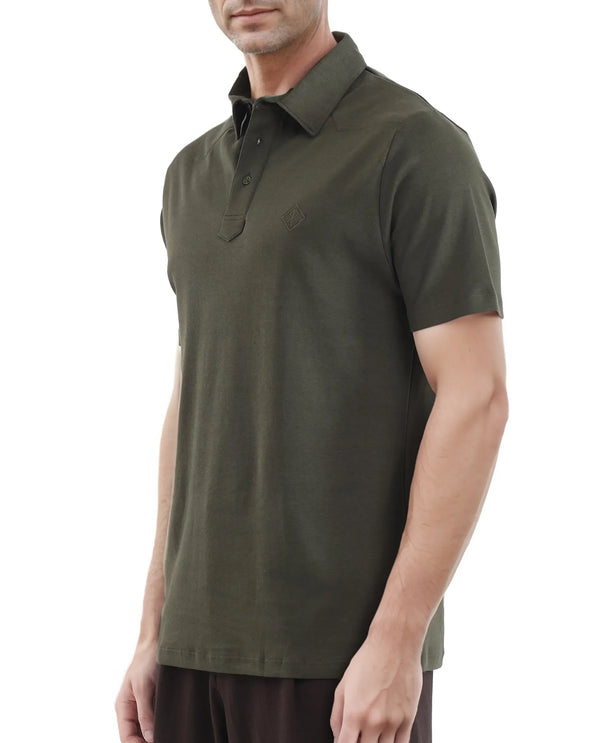 Rare Rabbit Men Calix Olive Short Sleeve Collared Neck Plain Embroidered Logo Polo