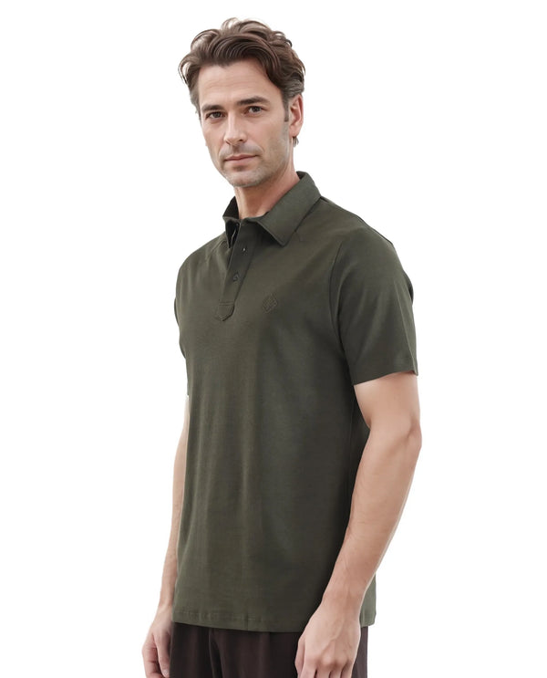 Rare Rabbit Men Calix Olive Short Sleeve Collared Neck Plain Embroidered Logo Polo