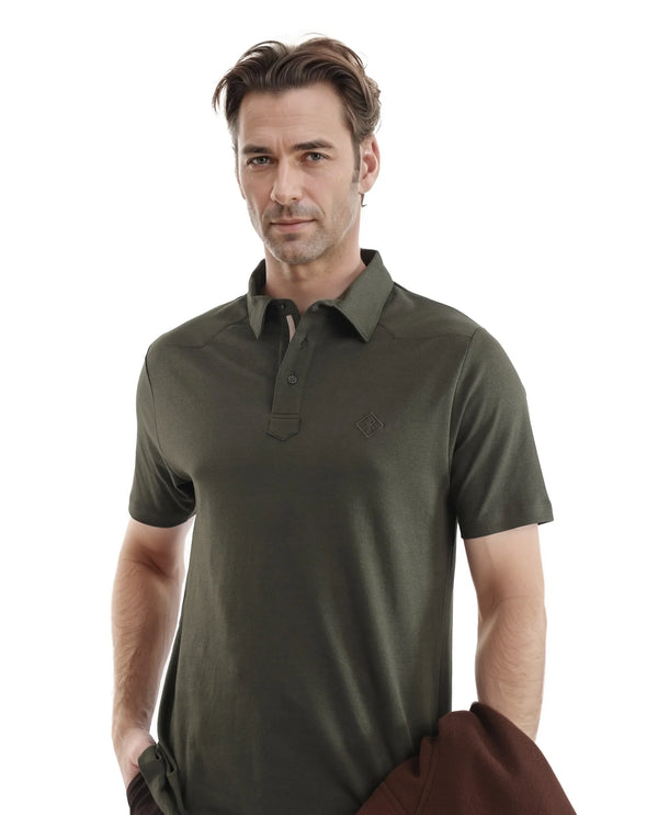 Rare Rabbit Men Calix Olive Short Sleeve Collared Neck Plain Embroidered Logo Polo