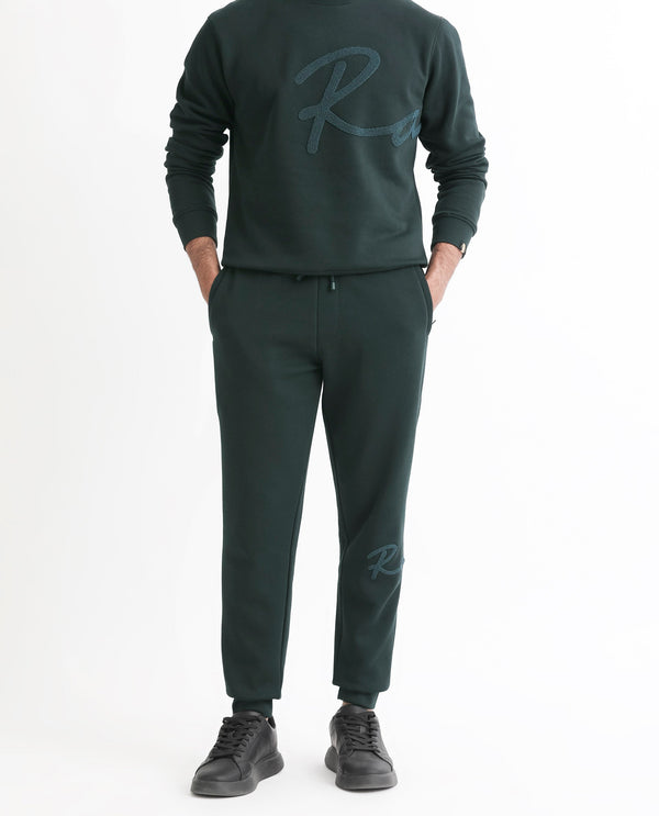 Rare Rabbit Mens Callan Dark Green Cotton Polyester Fabric Drawstring Closure Regular Fit Mid Rise Embroidered Branding Trackpant