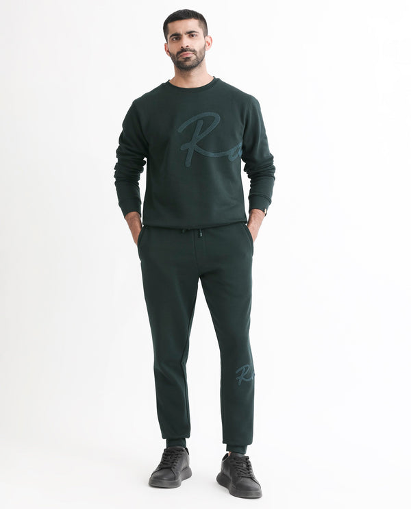 Rare Rabbit Mens Callan Dark Green Cotton Polyester Fabric Drawstring Closure Regular Fit Mid Rise Embroidered Branding Trackpant