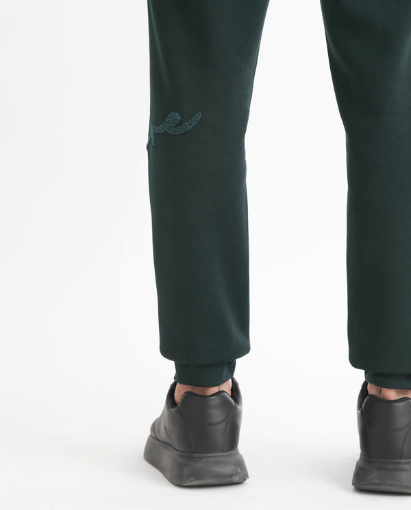 Rare Rabbit Mens Callan Dark Green Cotton Polyester Fabric Drawstring Closure Regular Fit Mid Rise Embroidered Branding Trackpant