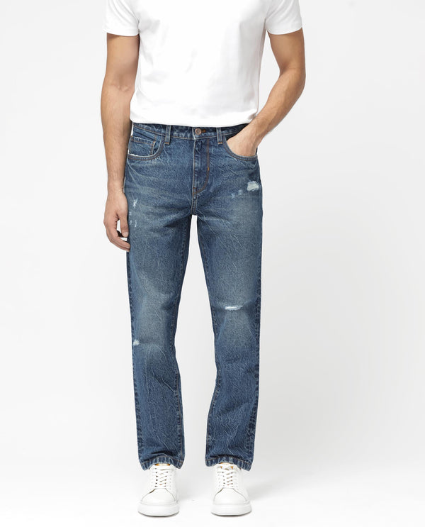 Rare Rabbit Mens Callip Blue Cotton Mid Wash Regular Fit Jeans