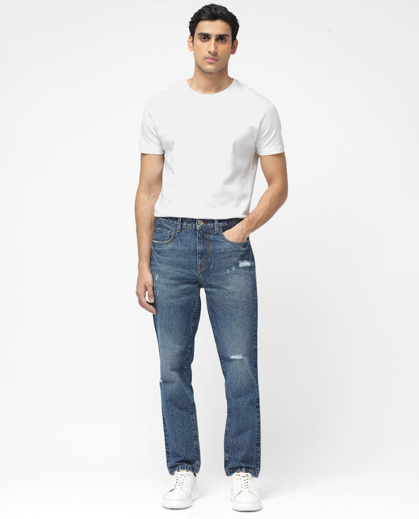 Rare Rabbit Mens Callip Blue Cotton Mid Wash Regular Fit Jeans