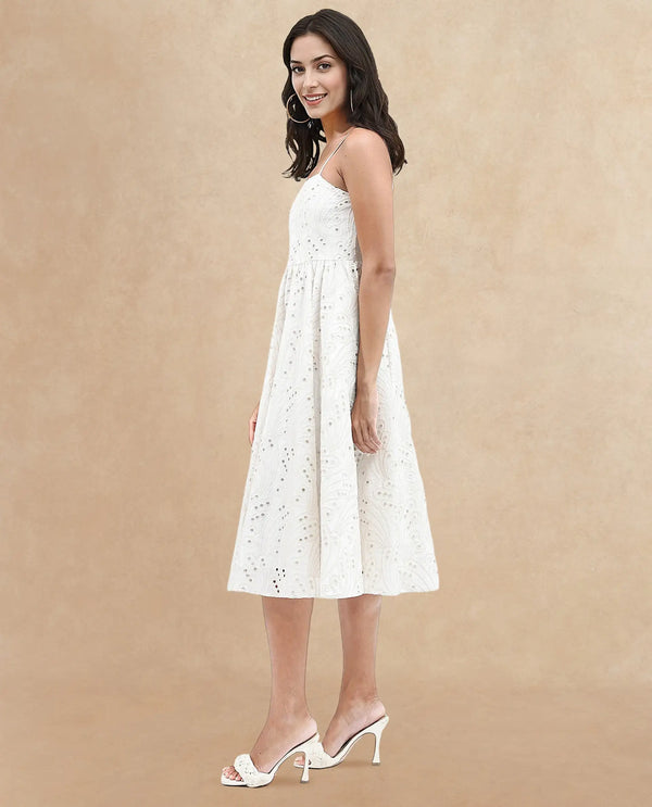 Rareism Women Calvert White Cotton Fabric Noodle Strap Off Shoulder Solid Longline Dress