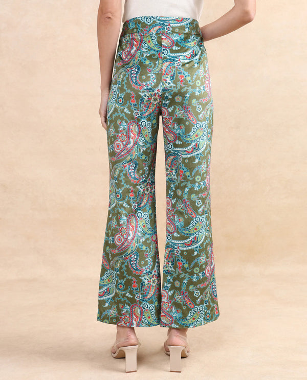 Rareism Women Camder-B Multi Velvet Zipper Closure Bootcut Ankle Length Paisley Print Trouser