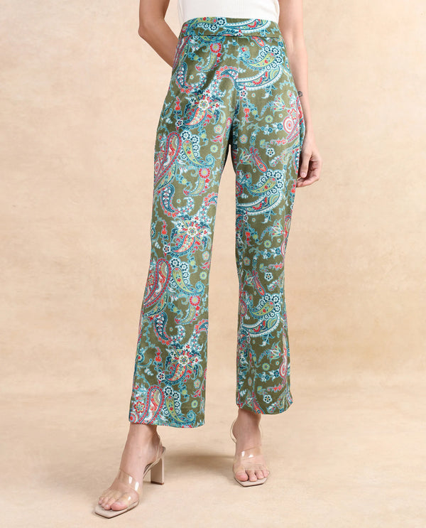 Rareism Women Camder-B Multi Velvet Zipper Closure Bootcut Ankle Length Paisley Print Trouser