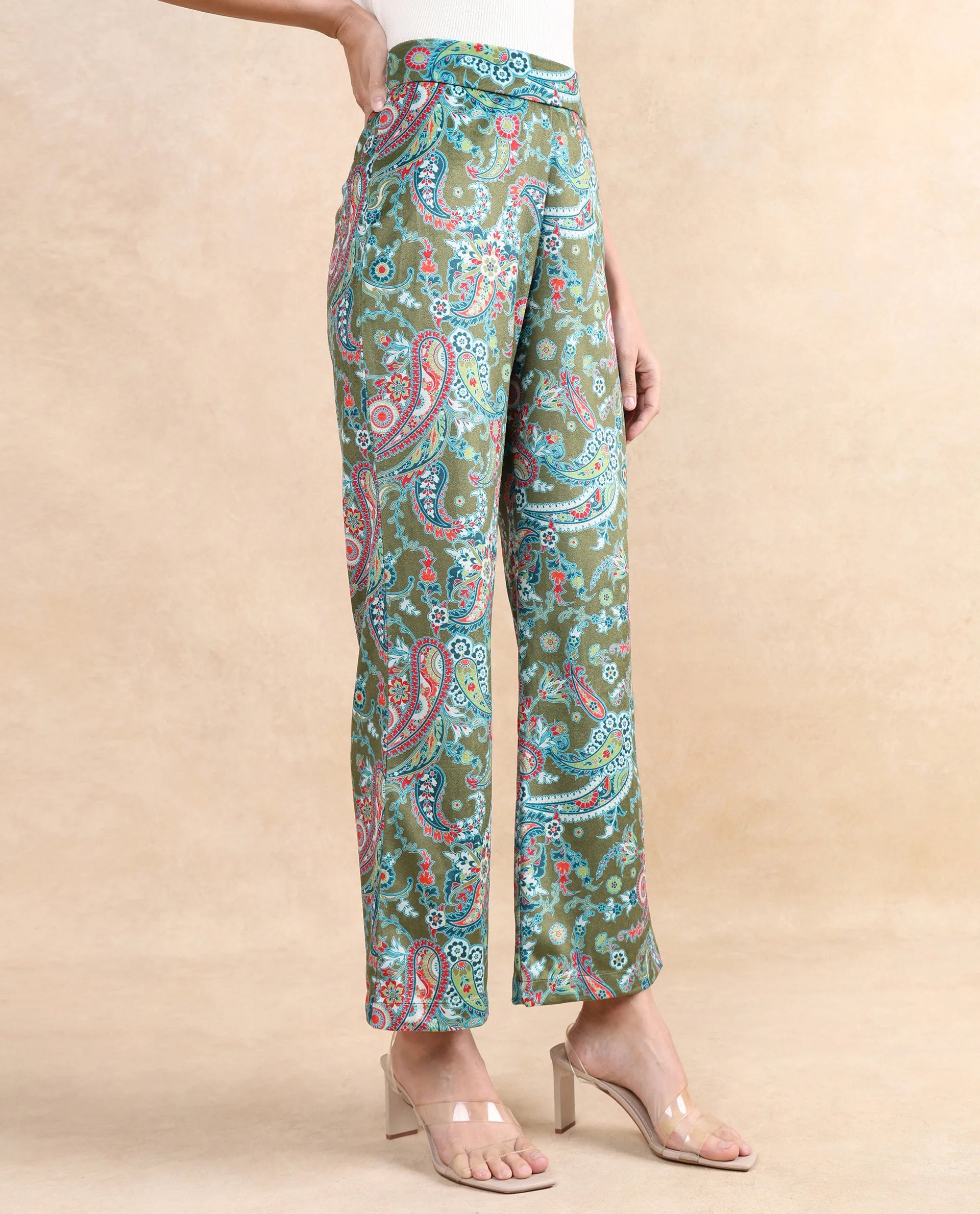Rareism Women Camder-B Multi Velvet Zipper Closure Bootcut Ankle Length Paisley Print Trouser