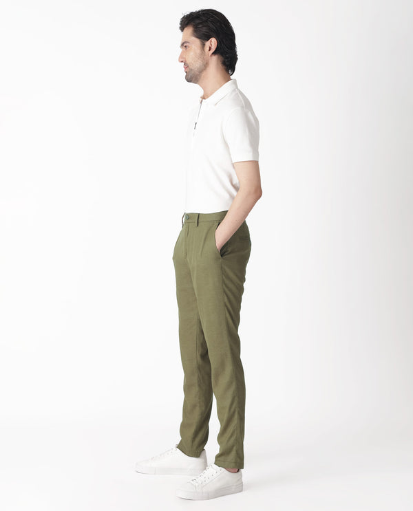 Rare Rabbit Men's Cameos Olive Solid Mid-Rise Regular Fit Trouser