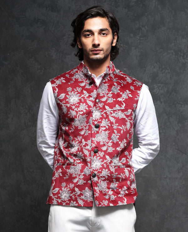 Rare Rabbit Men's Camero Dark Red Polyester Fabric Mandarin Collar Floral Velvet Bandi