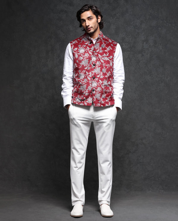 Rare Rabbit Men's Camero Dark Red Polyester Fabric Mandarin Collar Floral Velvet Bandi