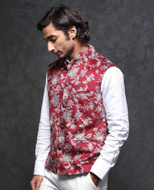 Rare Rabbit Men's Camero Dark Red Polyester Fabric Mandarin Collar Floral Velvet Bandi