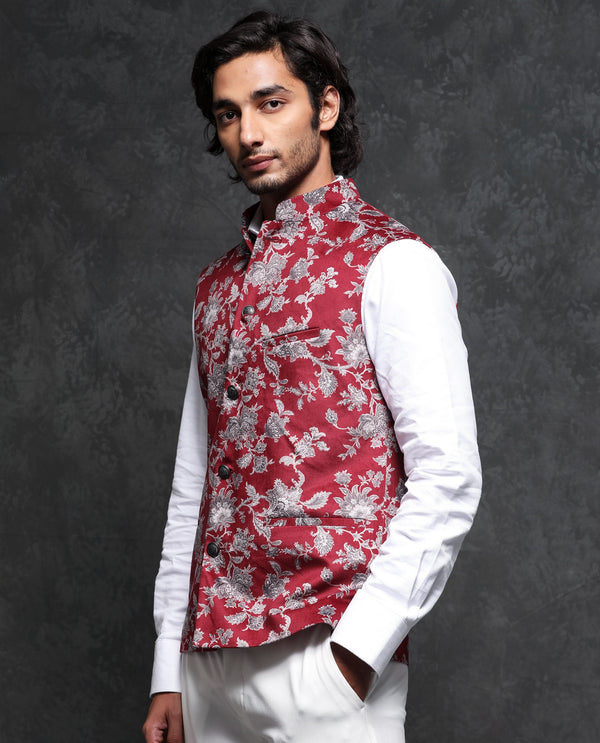 Rare Rabbit Men's Camero Dark Red Polyester Fabric Mandarin Collar Floral Velvet Bandi