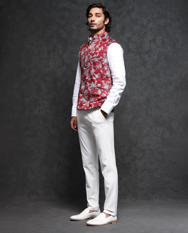 Rare Rabbit Men's Camero Dark Red Polyester Fabric Mandarin Collar Floral Velvet Bandi