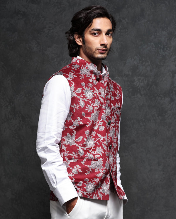 Rare Rabbit Men's Camero Dark Red Polyester Fabric Mandarin Collar Floral Velvet Bandi